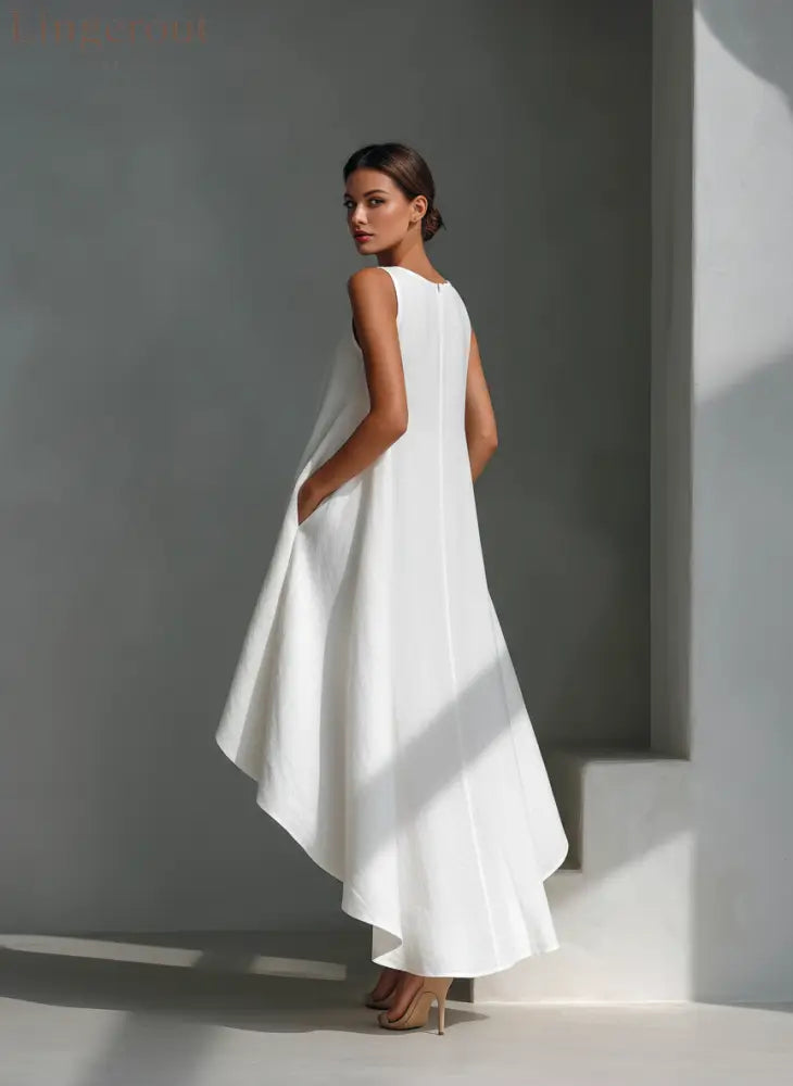 Women’s White Linen Fabric Sleeveless Midi Dress With Round Neck