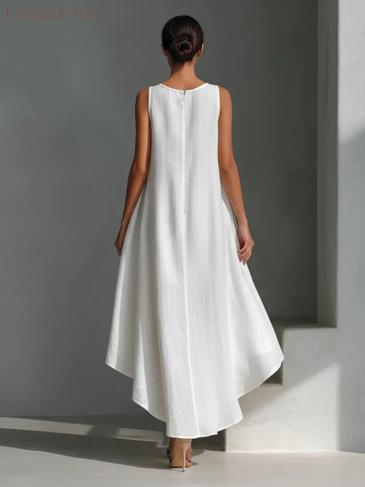 Women’s White Linen Fabric Sleeveless Midi Dress With Round Neck