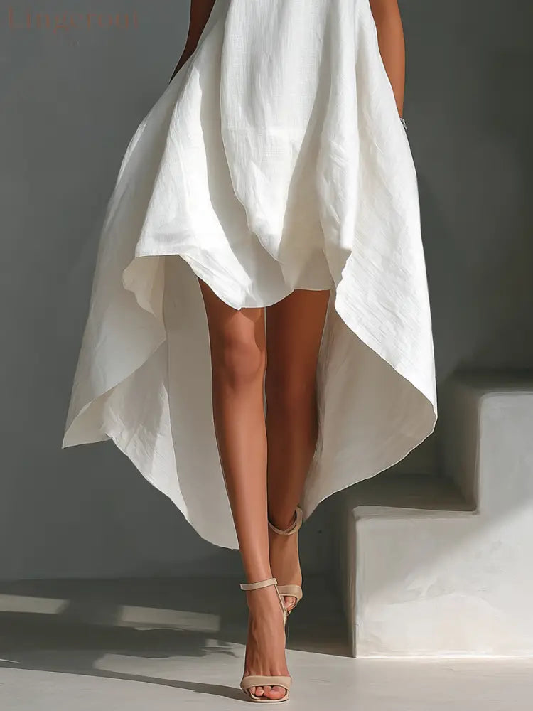 Women’s White Linen Fabric Sleeveless Midi Dress With Round Neck