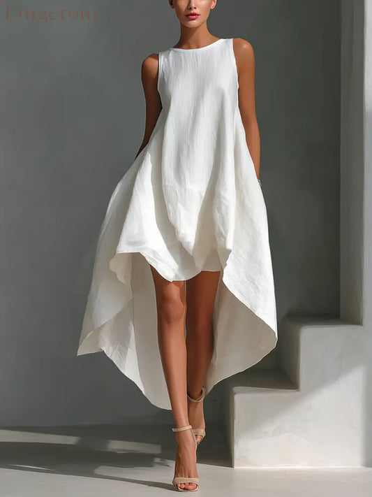 Women’s White Linen Fabric Sleeveless Midi Dress With Round Neck - White / XS