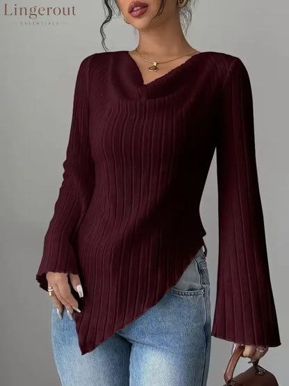 Women’s White Ribbed V Neck Flare Long Sleeve Asymmetric Hem Slim Knit Top