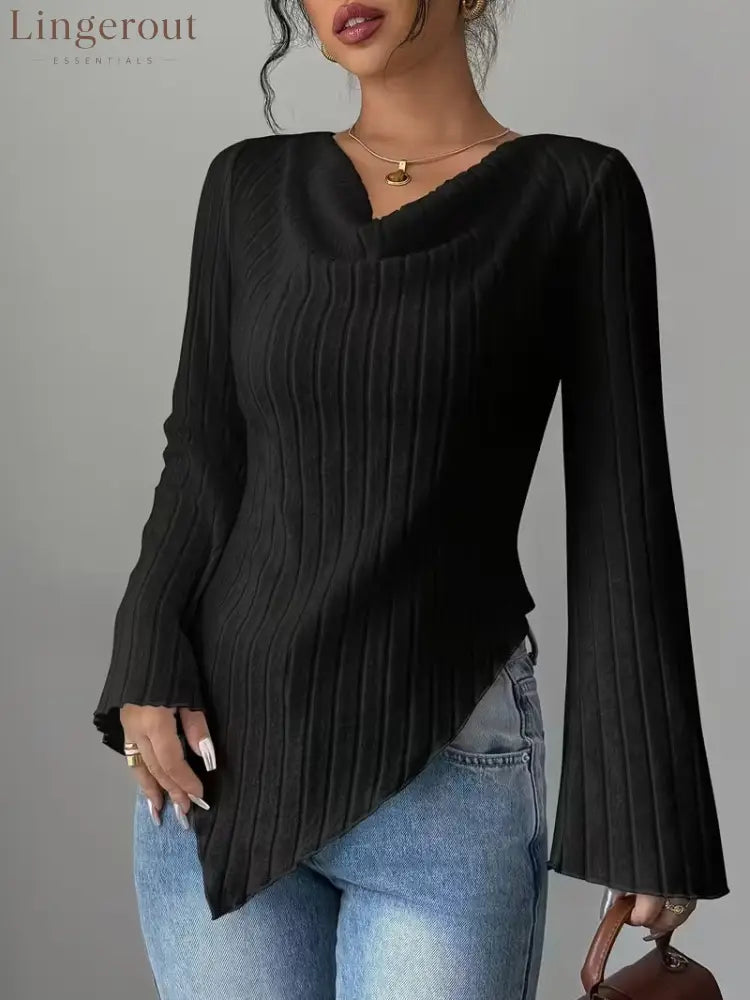 Women’s White Ribbed V Neck Flare Long Sleeve Asymmetric Hem Slim Knit Top