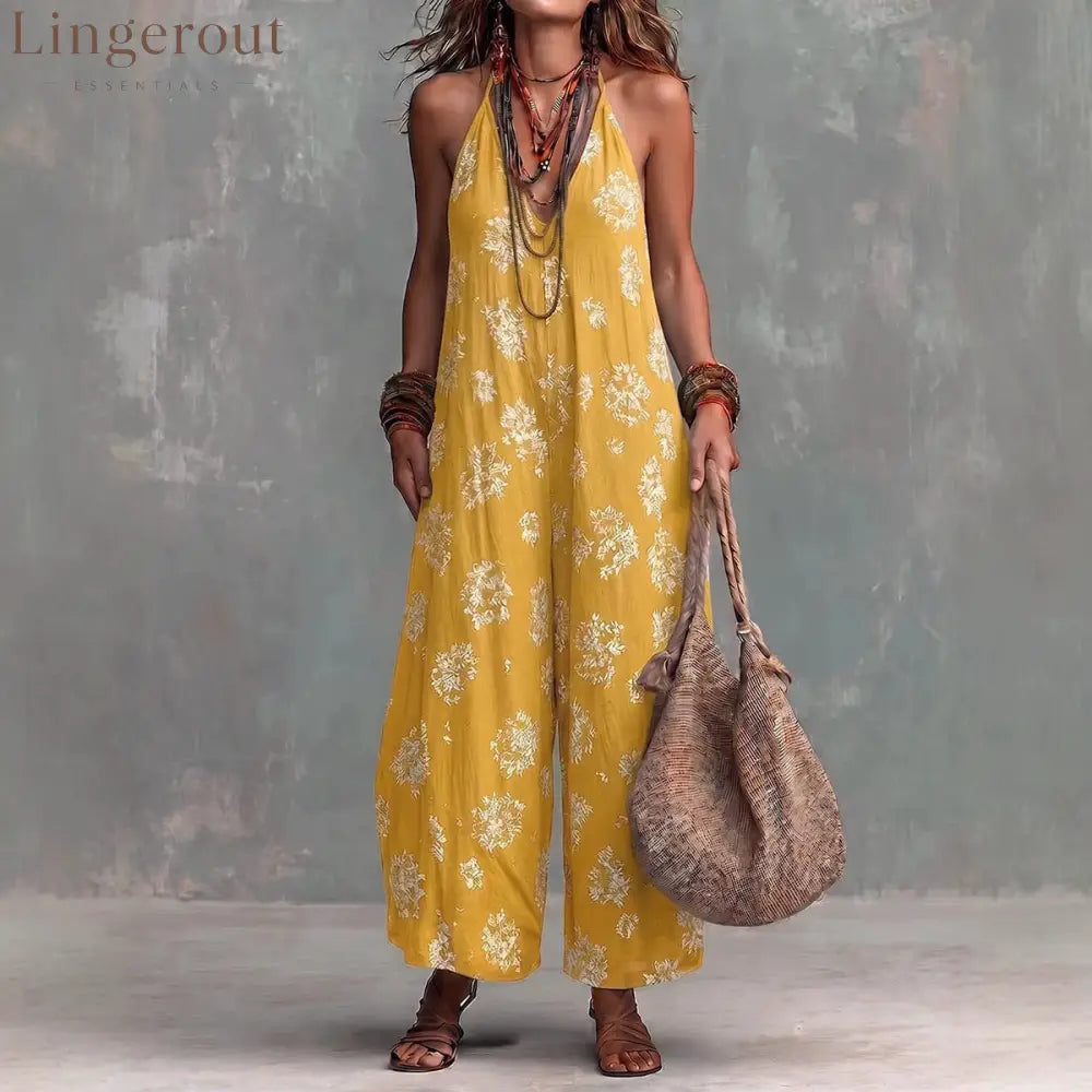 Women’s Yellow Boho Floral Halter Wide-Leg Jumpsuit