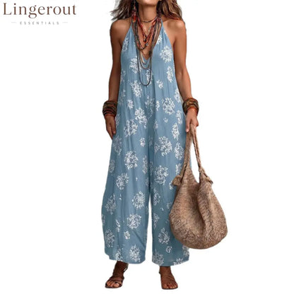 Women’s Yellow Boho Floral Halter Wide-Leg Jumpsuit