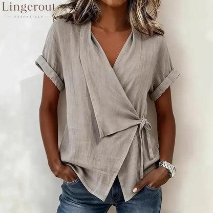Wrap Tie Waist Linen Blend Short Sleeve V-Neck Blouse