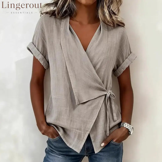 Wrap Tie Waist Linen Blend Short Sleeve V-Neck Blouse