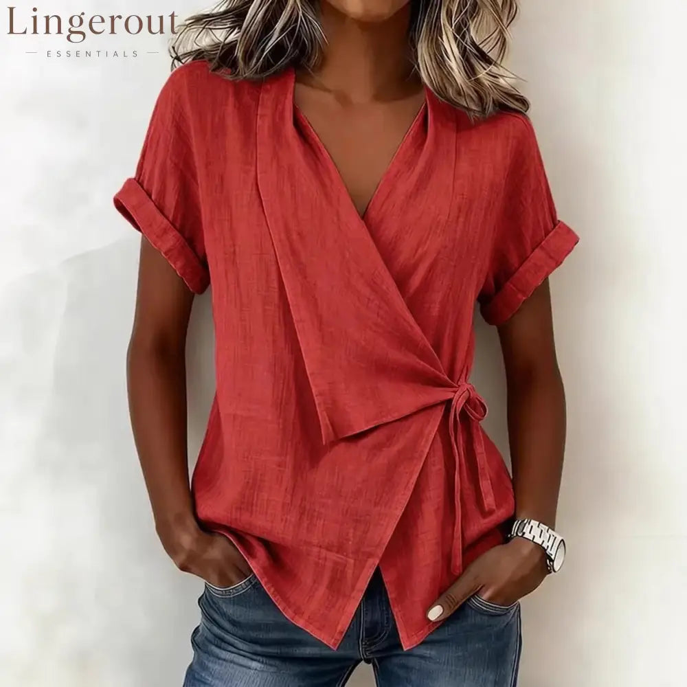 Wrap Tie Waist Linen Blend Short Sleeve V-Neck Blouse