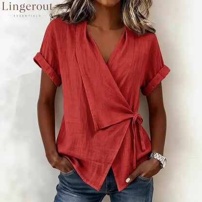 Wrap Tie Waist Linen Blend Short Sleeve V-Neck Blouse