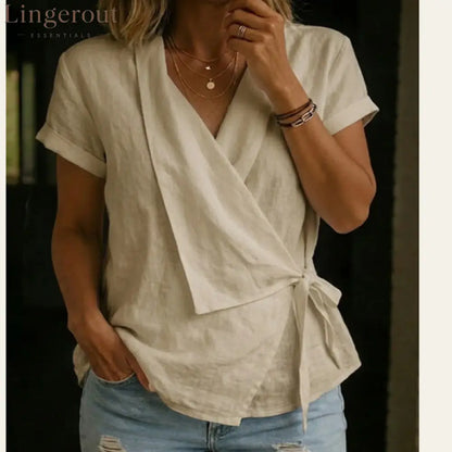 Wrap Tie Waist Linen Blend Short Sleeve V-Neck Blouse - Apricot / S