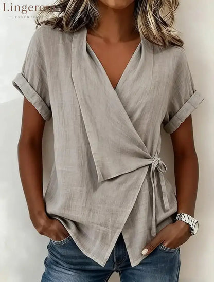 Wrap Tie Waist Linen Blend Short Sleeve V-Neck Blouse - Grey / S