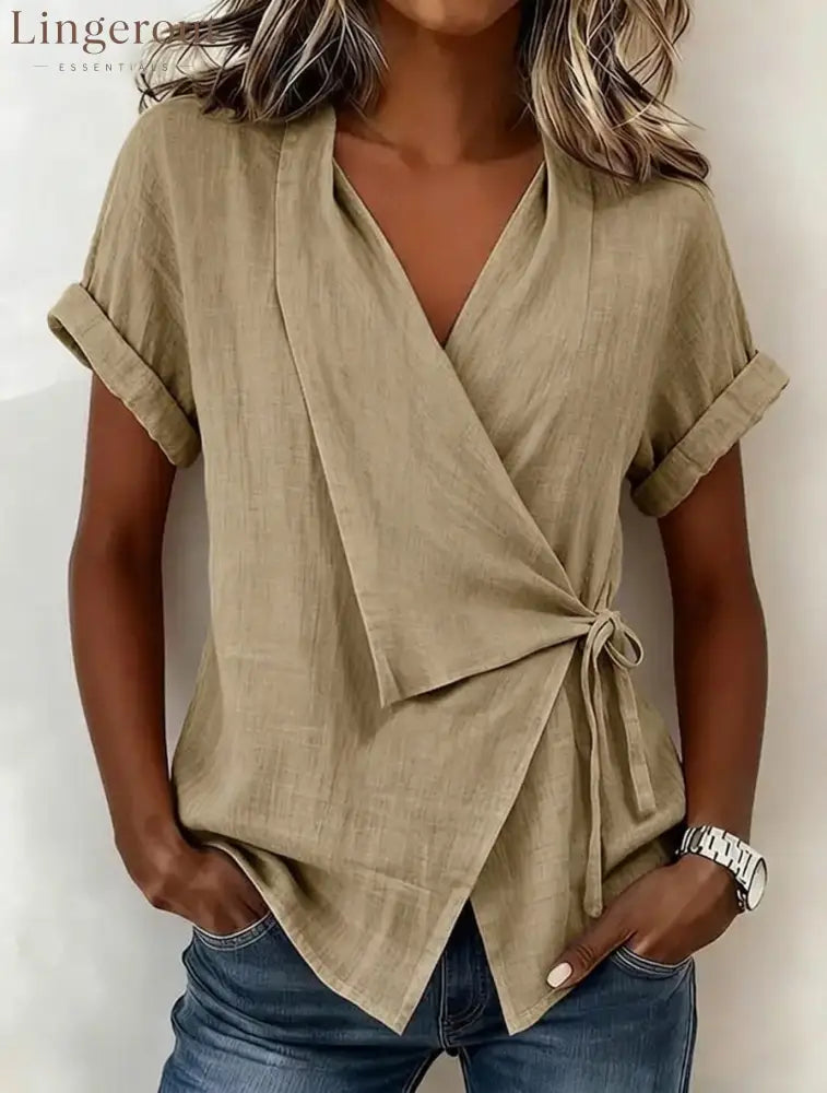 Wrap Tie Waist Linen Blend Short Sleeve V-Neck Blouse - Khaki / S