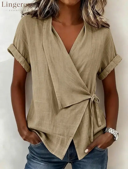 Wrap Tie Waist Linen Blend Short Sleeve V-Neck Blouse - Khaki / S