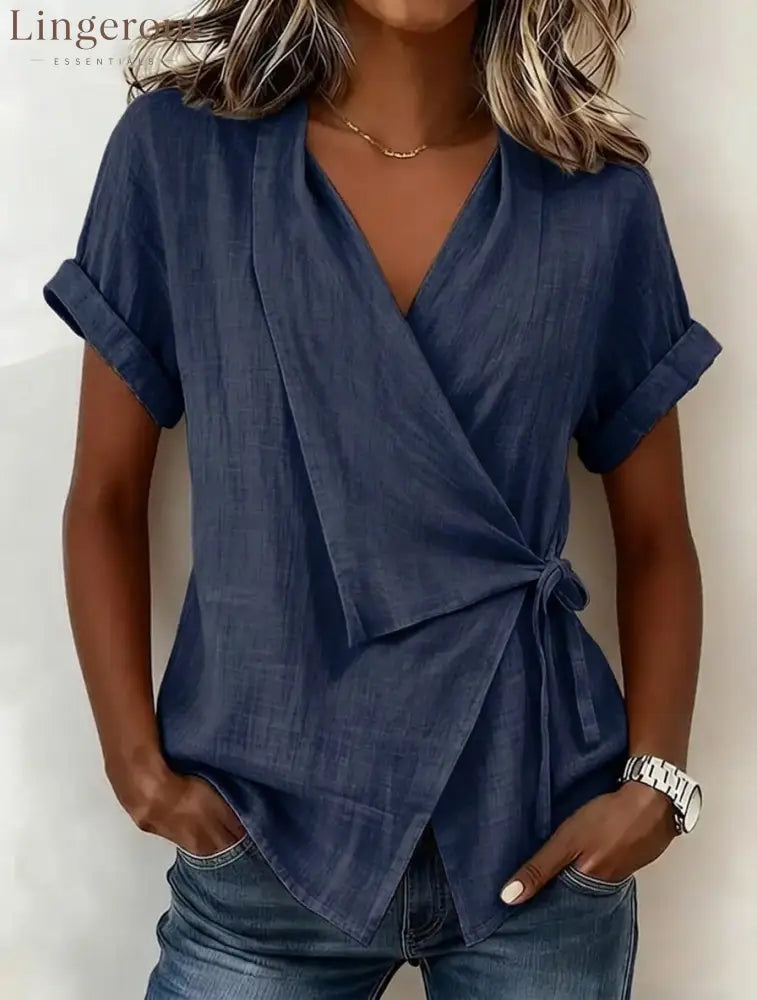 Wrap Tie Waist Linen Blend Short Sleeve V-Neck Blouse - Navy blue / S