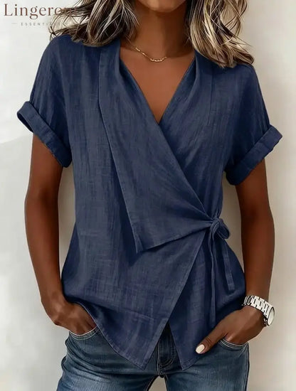 Wrap Tie Waist Linen Blend Short Sleeve V-Neck Blouse - Navy blue / S