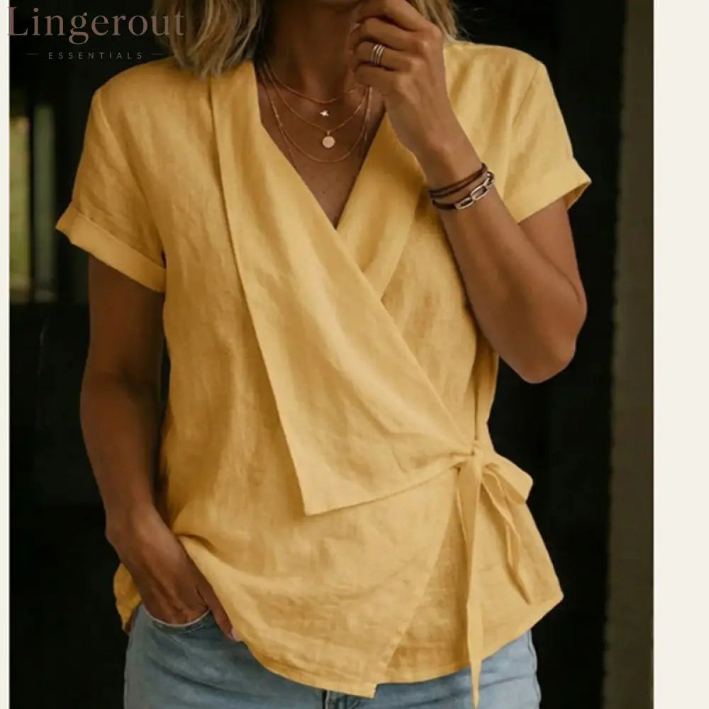 Wrap Tie Waist Linen Blend Short Sleeve V-Neck Blouse - Yellow / S