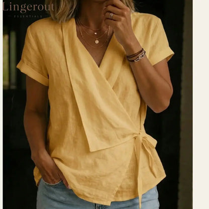 Wrap Tie Waist Linen Blend Short Sleeve V-Neck Blouse - Yellow / S