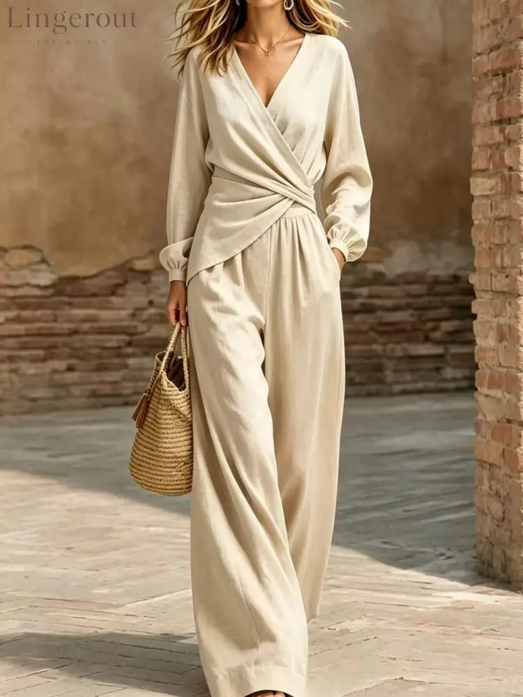 Wrap Top & Wide-Leg Pants Set - Apricot / S