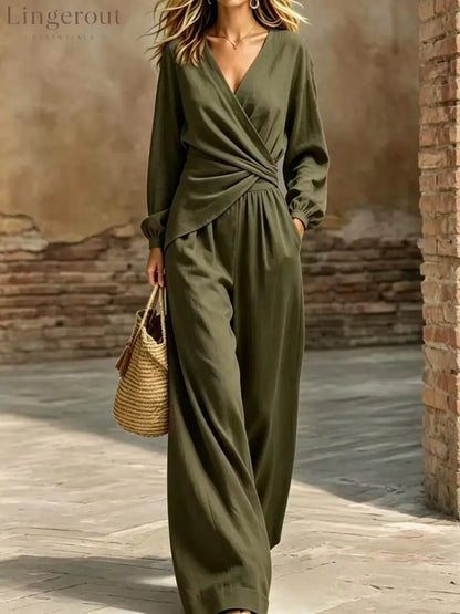 Wrap Top & Wide-Leg Pants Set - Army green / S