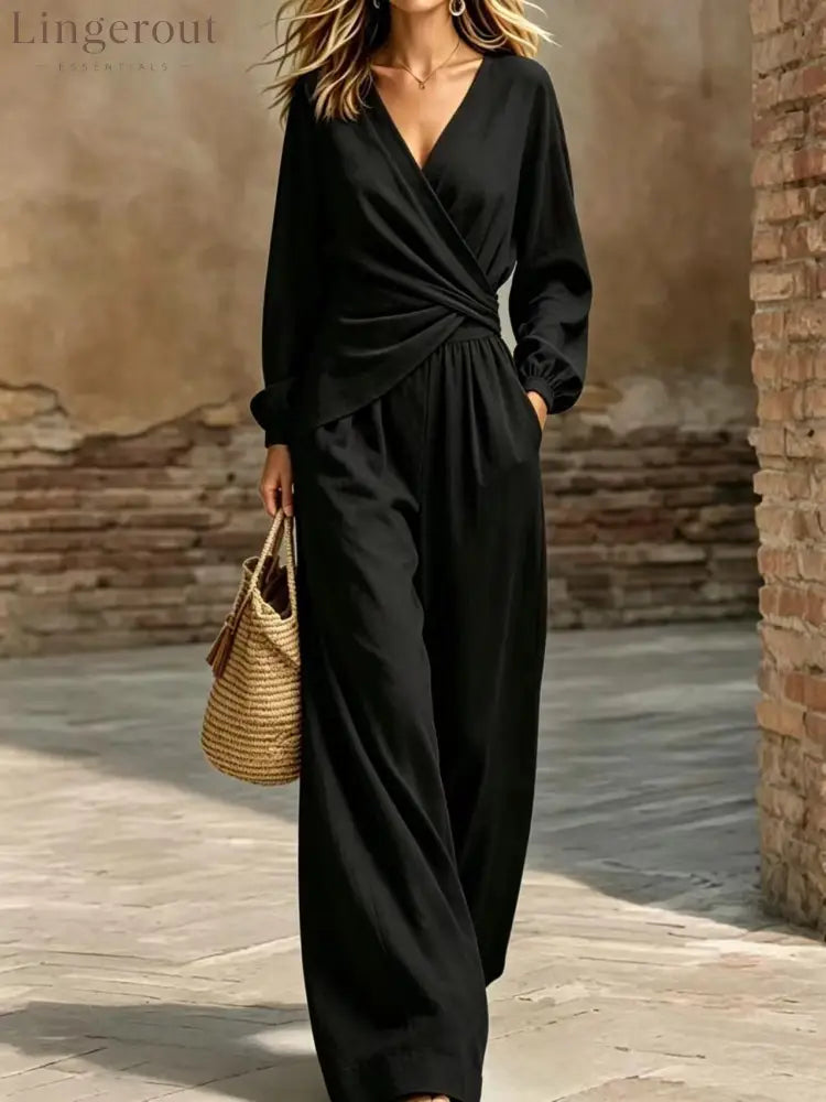 Wrap Top & Wide-Leg Pants Set - Black / S