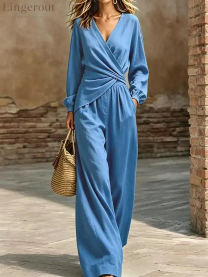 Wrap Top & Wide-Leg Pants Set - Blue / S