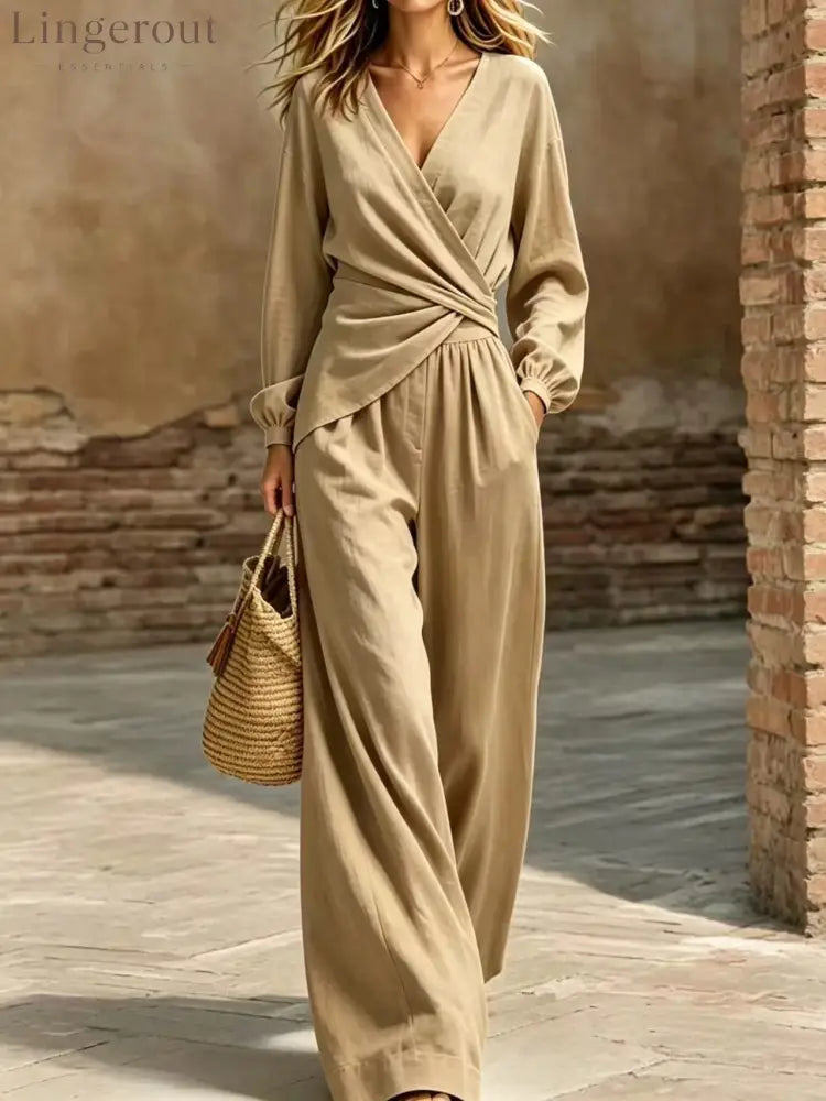 Wrap Top & Wide-Leg Pants Set - Khaki / S