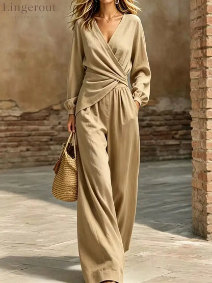 Wrap Top & Wide-Leg Pants Set - Khaki / S
