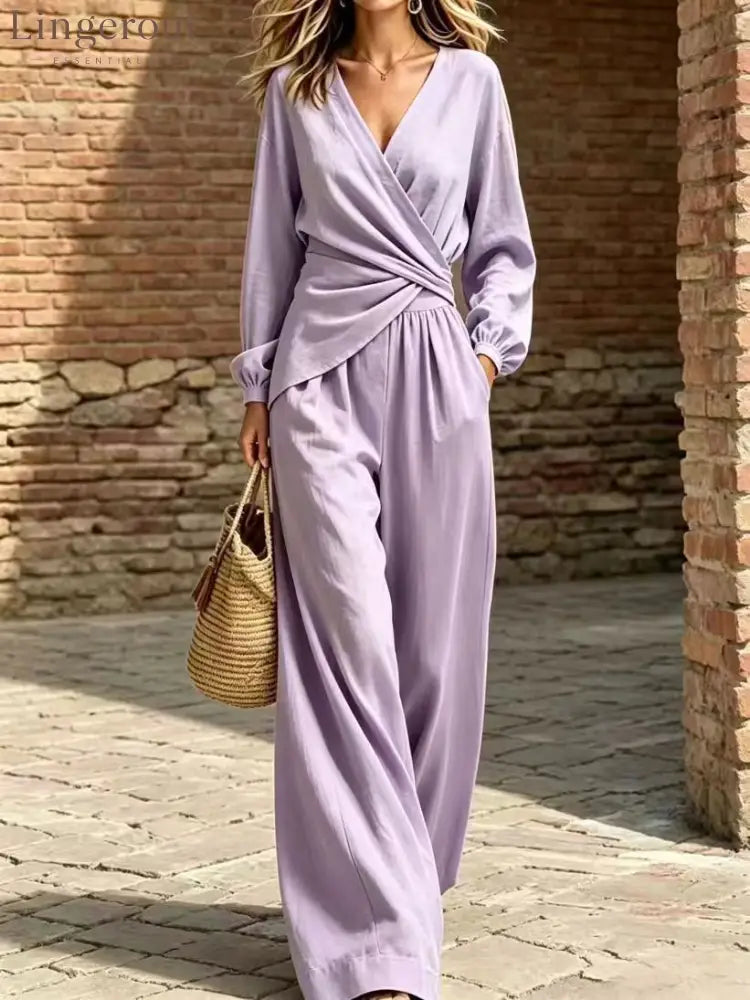 Wrap Top & Wide-Leg Pants Set - Lavender purple / S