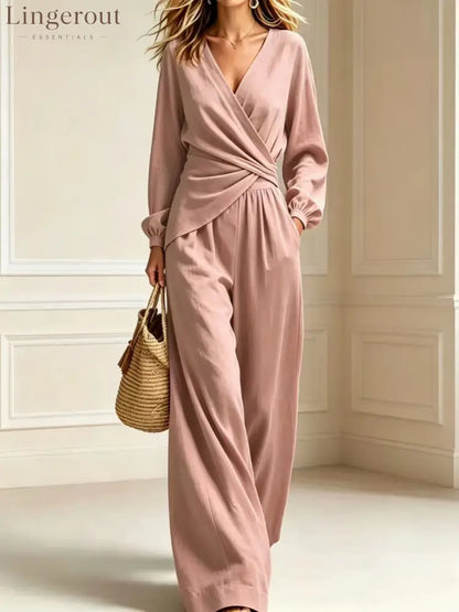Wrap Top & Wide-Leg Pants Set - Pink / S