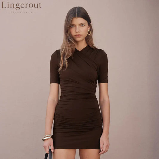 Wrap V Neck Short Sleeve Side Ruched Bodycon Mini Dress - Brown / S