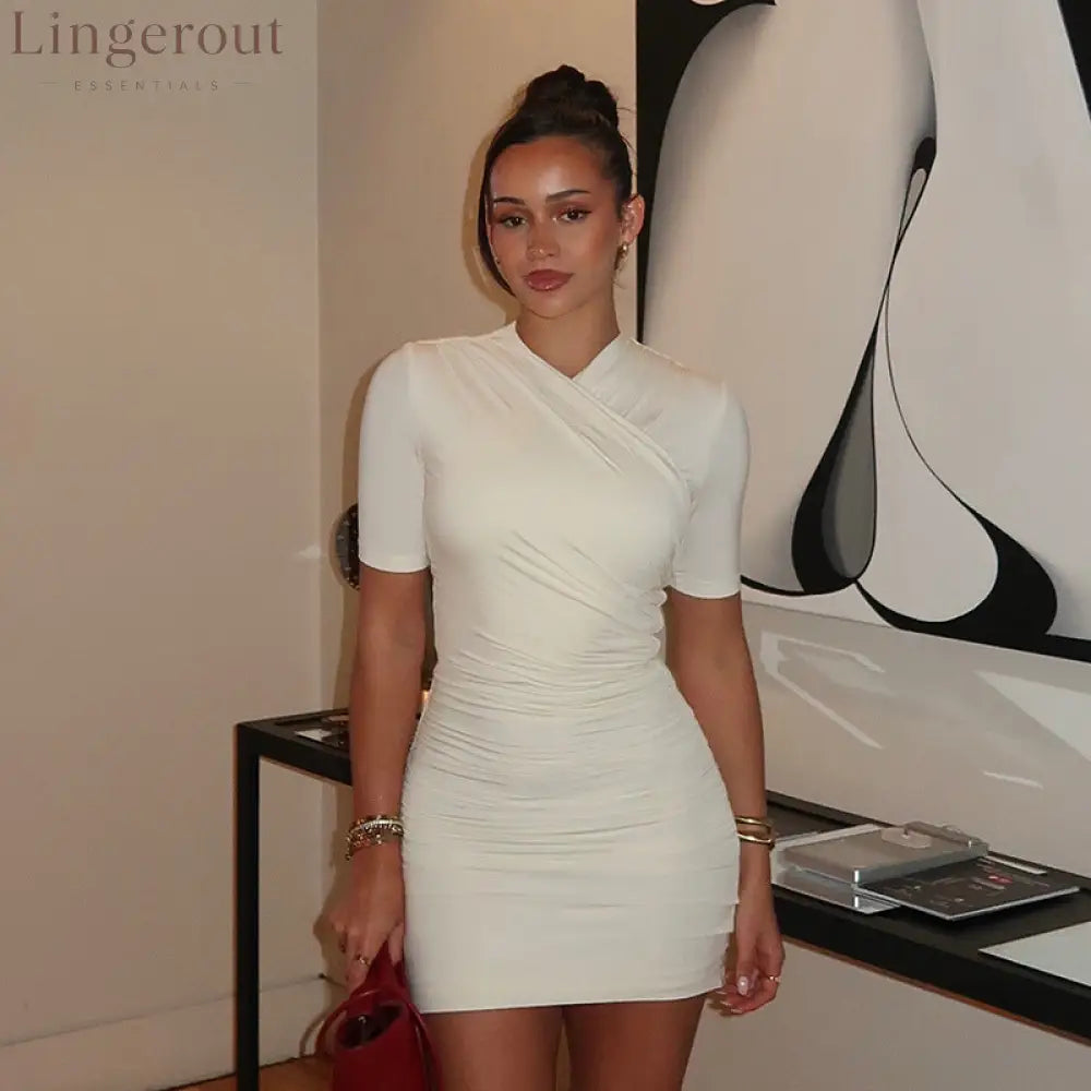 Wrap V Neck Short Sleeve Side Ruched Bodycon Mini Dress - White / S