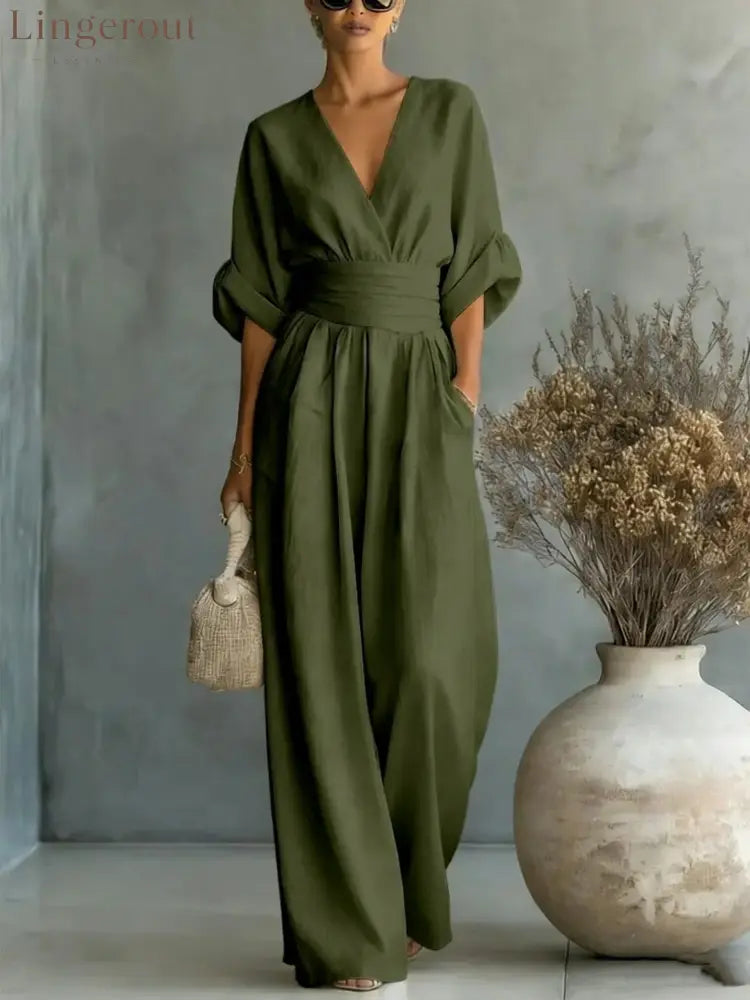 Wrap V-Neck Wide-Leg Jumpsuit - Army green / S