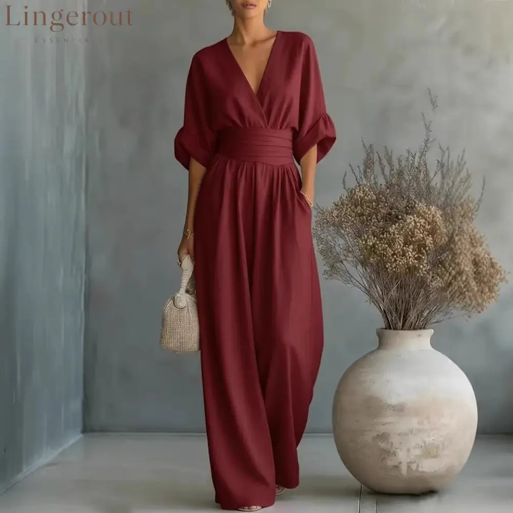 Wrap V-Neck Wide-Leg Jumpsuit - Claret / S