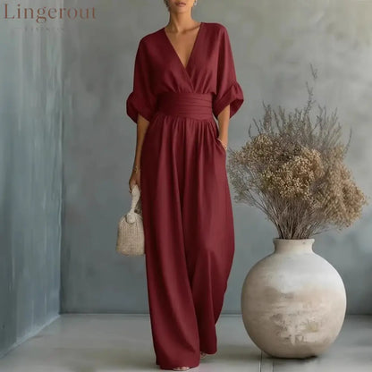 Wrap V-Neck Wide-Leg Jumpsuit - Claret / S
