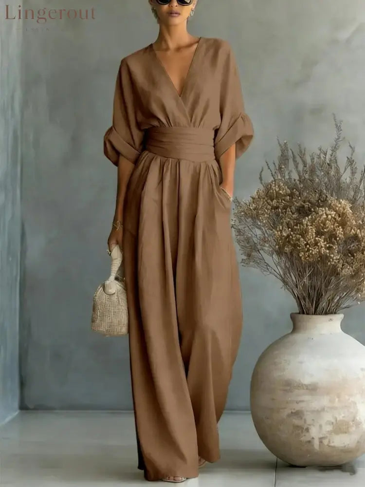 Wrap V-Neck Wide-Leg Jumpsuit - Dark brown / S