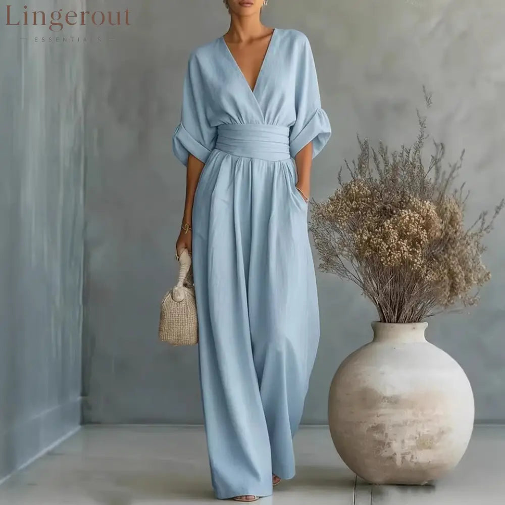 Wrap V-Neck Wide-Leg Jumpsuit - Light blue / S