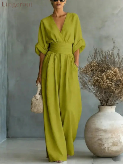 Wrap V-Neck Wide-Leg Jumpsuit - Olive color / S