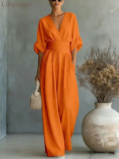 Wrap V-Neck Wide-Leg Jumpsuit - Orange color / S