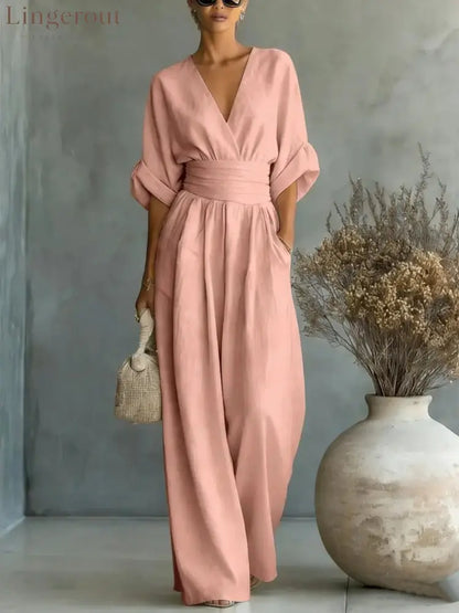 Wrap V-Neck Wide-Leg Jumpsuit - Pink / S