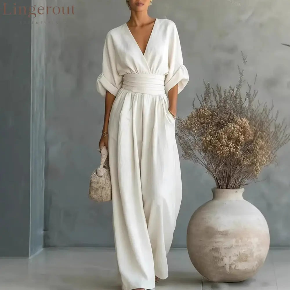 Wrap V-Neck Wide-Leg Jumpsuit - White / S