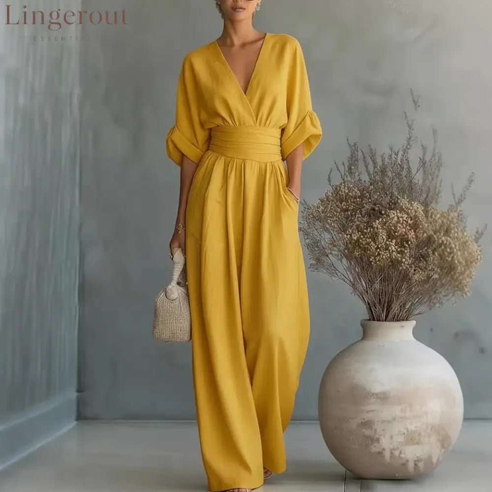 Wrap V-Neck Wide-Leg Jumpsuit - Yellow / S