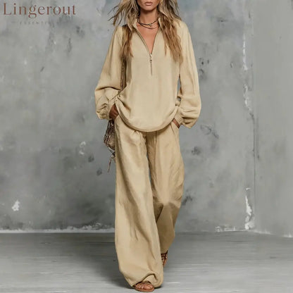 Zip Collar Linen Blend Matching Two Piece Set