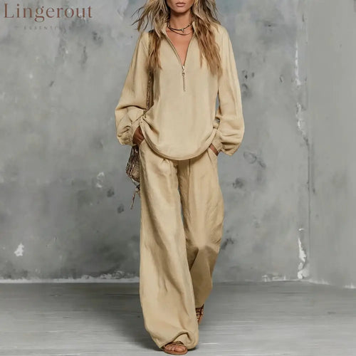 Zip Collar Linen Blend Matching Two Piece Set