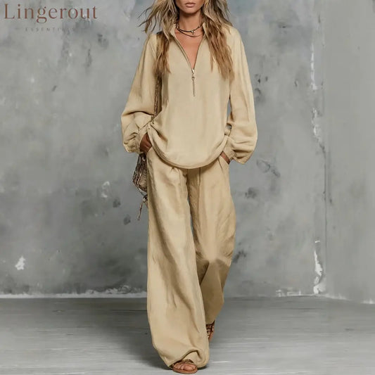 Zip Collar Linen Blend Matching Two Piece Set