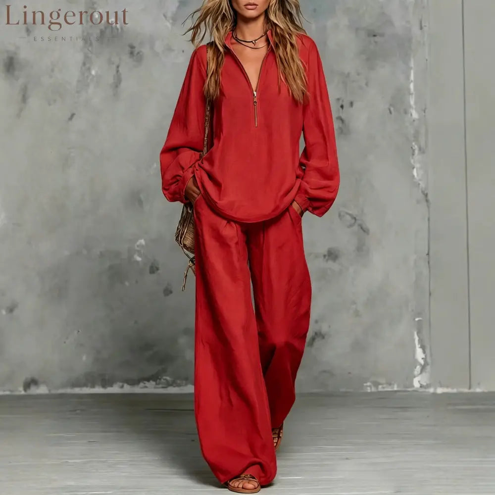 Zip Collar Linen Blend Matching Two Piece Set