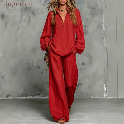 Zip Collar Linen Blend Matching Two Piece Set