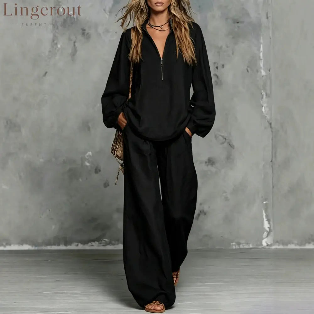 Zip Collar Linen Blend Matching Two Piece Set