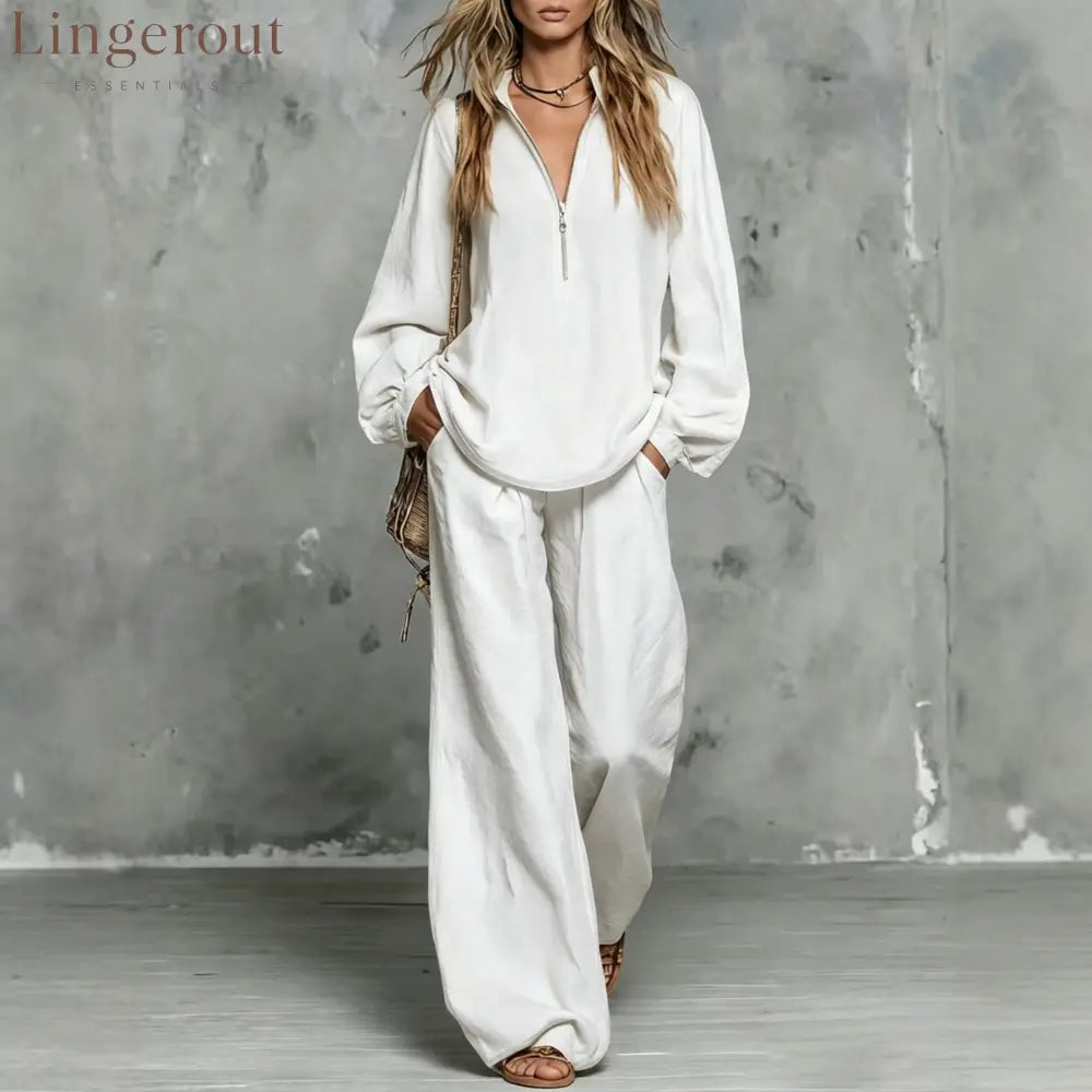 Zip Collar Linen Blend Matching Two Piece Set