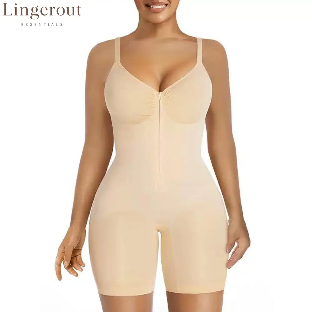 Zip Front Mid-Thigh Sculpting Bodysuit Shapewear - Color / S