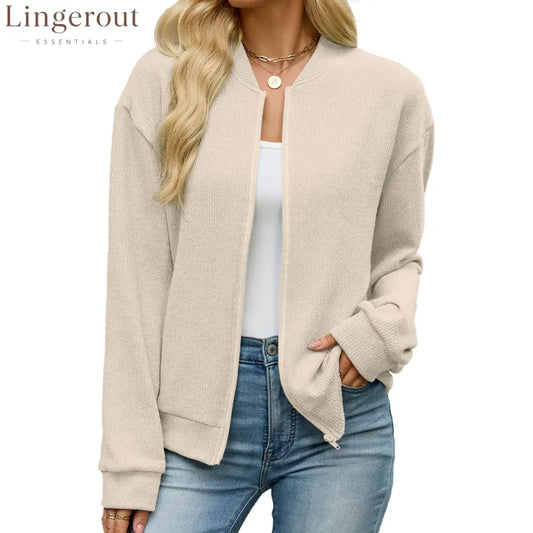Zip Knit Casual Sweatshirt Outerwear - Apricot / S