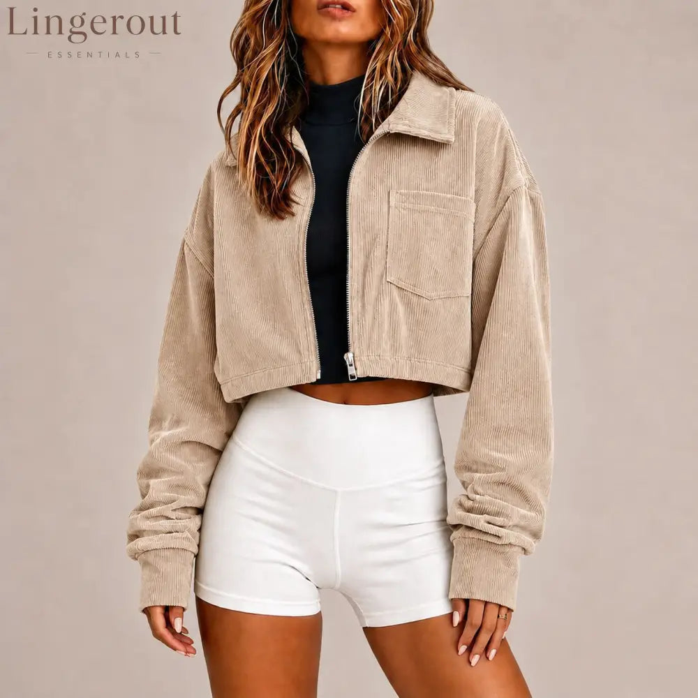 Zip‑Up Collared Corduroy Cropped Jacket With Chest Pocket